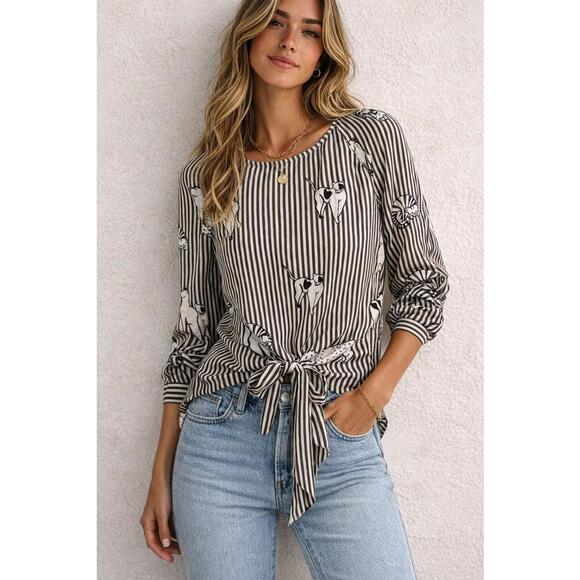 Zara Tops - Zara Basic Cat Print Striped Blouse Tie Waist Long Sleeve Shirt Womens -Medium